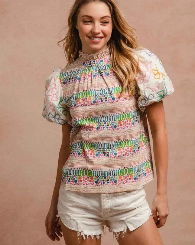 BiBi Ruffle Neckline Blouse With Embroidery Bubble Sleeve