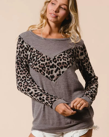 BiBi Sweater Knit Top With Leopard V Shape Block MOCHA