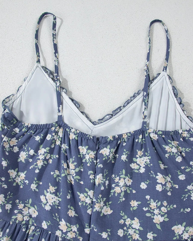 Floral Spaghetti Strap Frilled V Neck Tiered Midi Dress