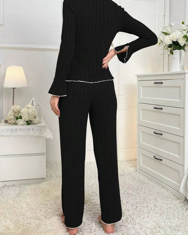 Ribbed Bow Front Top and Pants Lounge Set