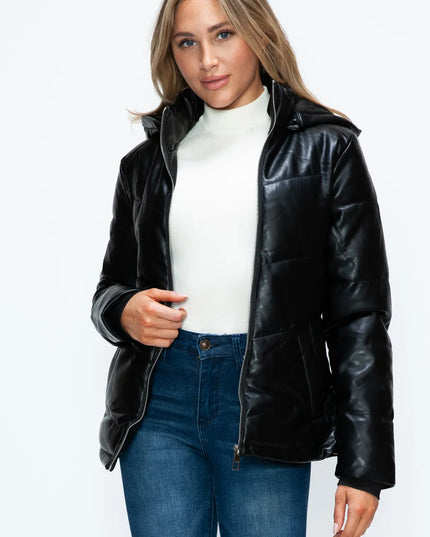 How Dare U Pocketed Zip Up Puffer Jacket with Removable Hood