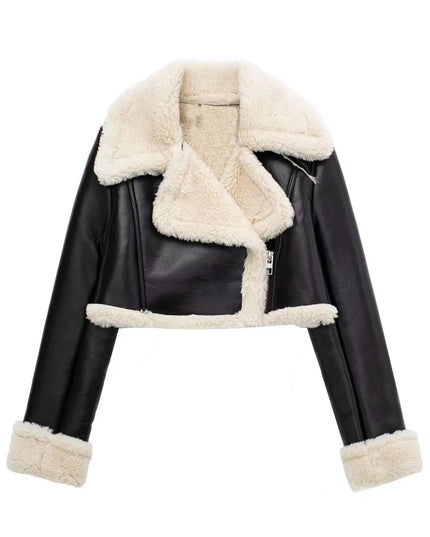 Collared Neck Long Sleeve Plush Cropped Jacket