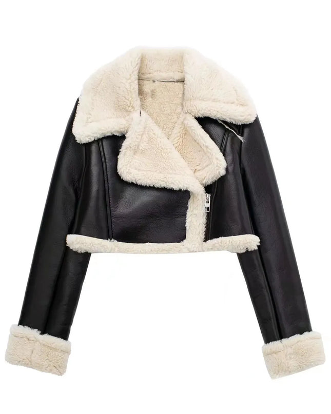 Collared Neck Long Sleeve Plush Cropped Jacket