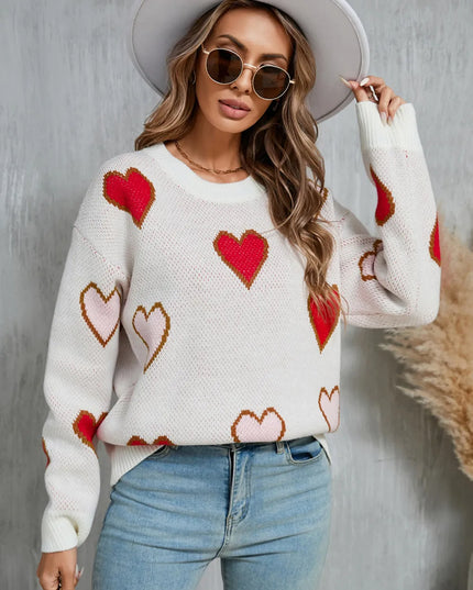 Angel Wings Contrast Heart Round Neck Long Sleeve Sweater