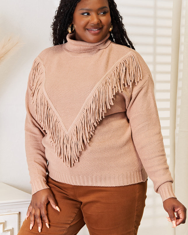 Woven Right Turtleneck Fringe Front Long Sleeve Sweater