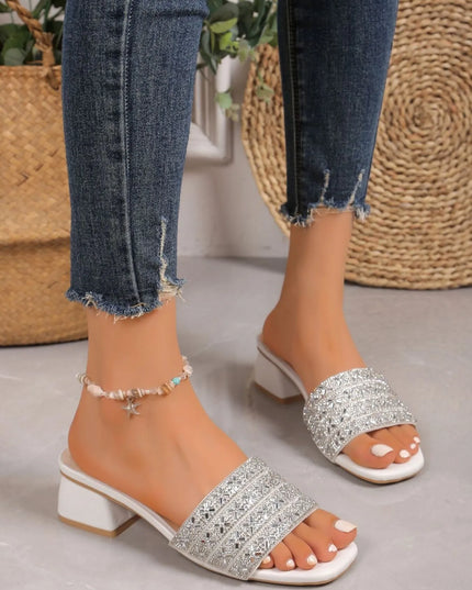 Rhinestone Open Toe Block Heels Sandals 