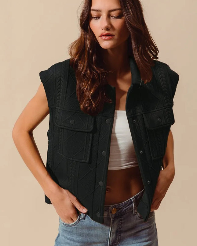 SO ME Cable Quilting Stitch Button Up Knit Vest BLACK