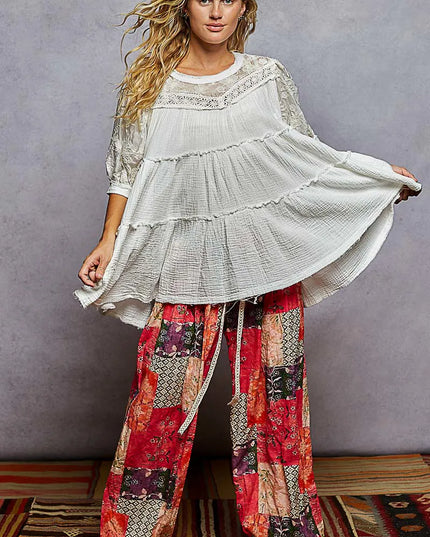 POL Lace Detail Tiered Round Neck Half Sleeve Blouse