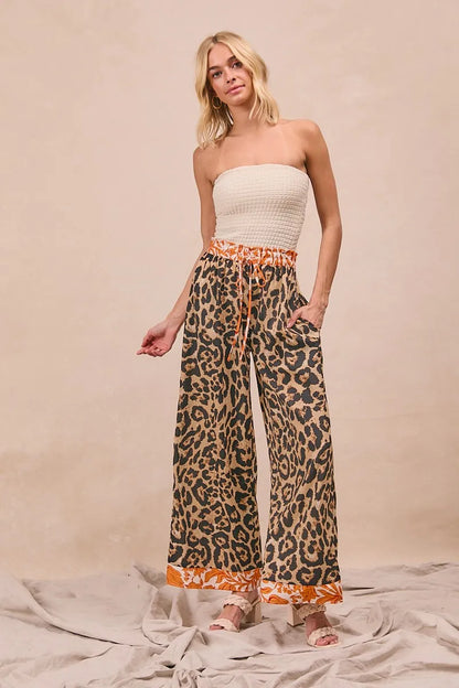 BiBi Leopard Print With Contrast Banded Wide Pants