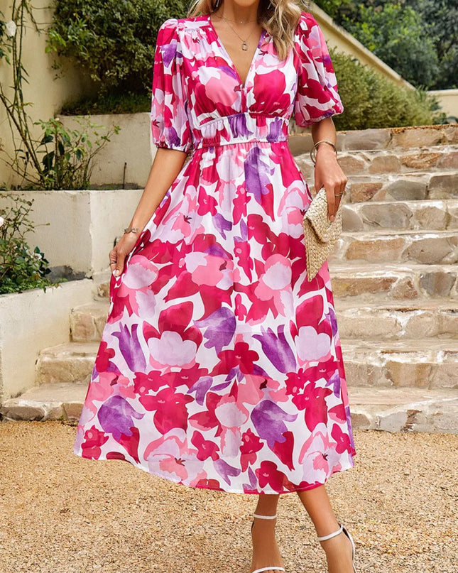Printed Puff Sleeve Midi Dress 