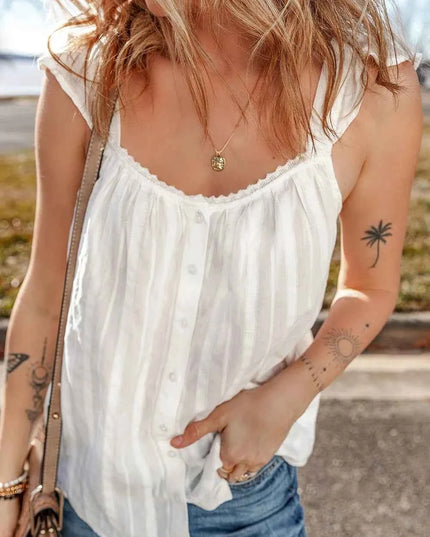 Lace Detail Ruffled Buttoned Loose Fit Tank Top