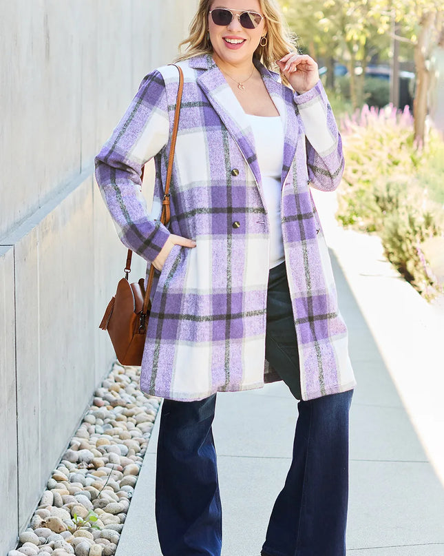 Double Take Full Size Plaid Button Up Lapel Collar Coat