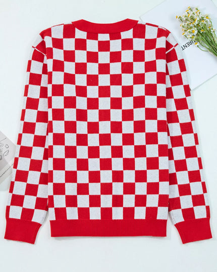 Christmas Tree Pattern Checkered Button V Neck Cardigan