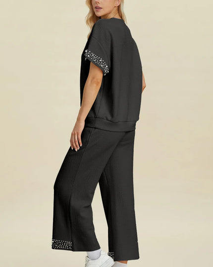 Double Take Full Size Pearl Detail Round Neck Top and Pants Set