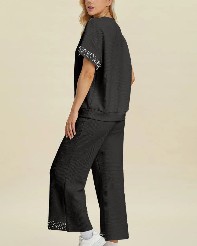 Double Take Full Size Pearl Detail Round Neck Top and Pants Set