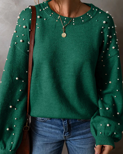 Pearl Detail Round Neck Long Sleeve Sweater Dark Green