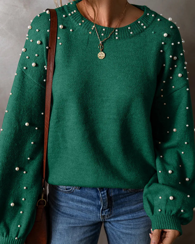 Pearl Detail Round Neck Long Sleeve Sweater Dark Green
