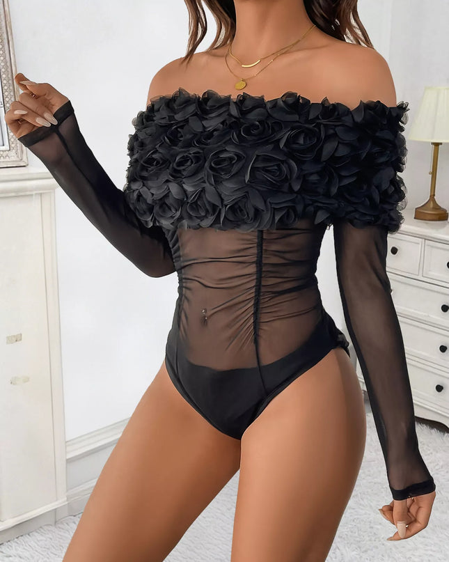 Flower Off-Shoulder Mesh Bodysuit
