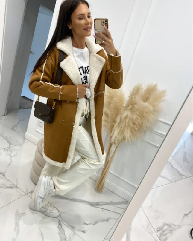 Lapel Collar Exposed Seam Buttoned Coat Camel