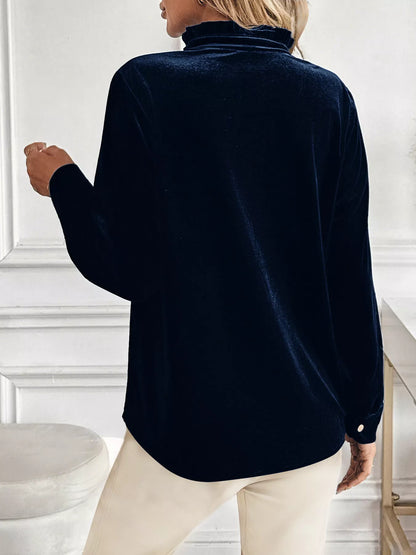 Velvet Button Front Long Sleeve Blouse