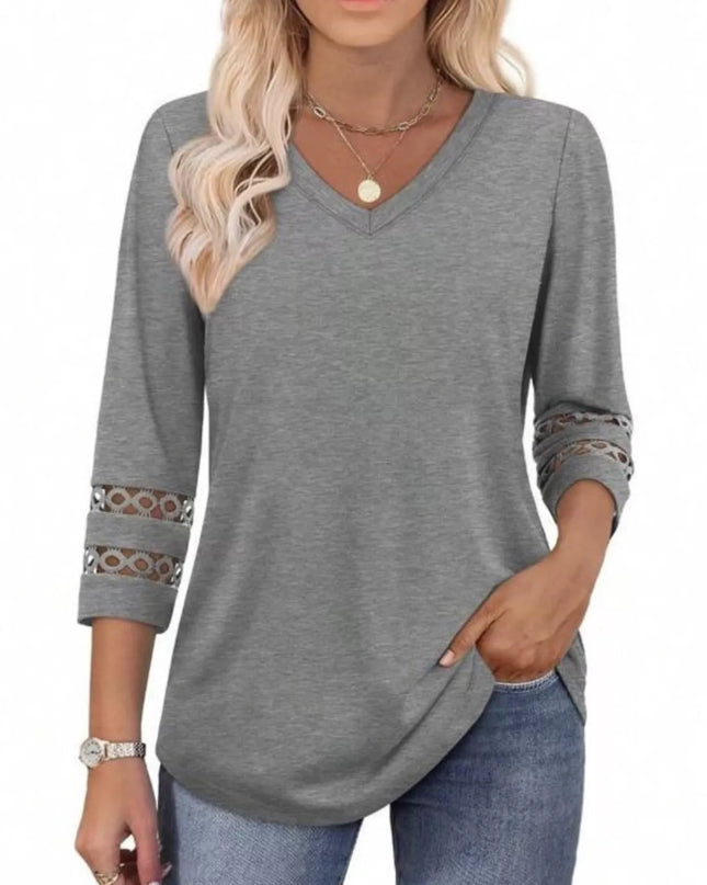 Full Size V-Neck 3/4 Sleeve T-Shirt Plus Size Dark Gray