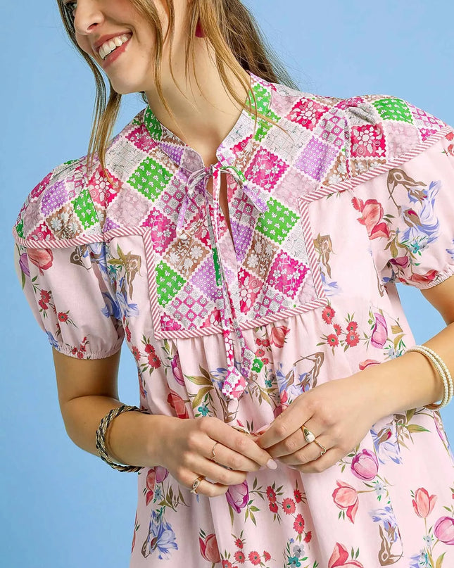 Umgee Floral Print Tie Neck Puff Sleeve Dress