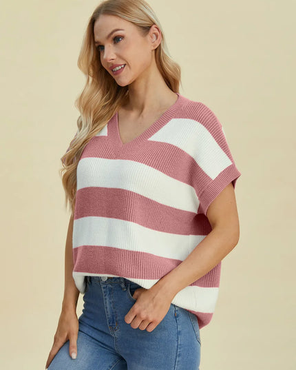 Double Take Full Size Striped V-Neck Short Sleeve Sweater