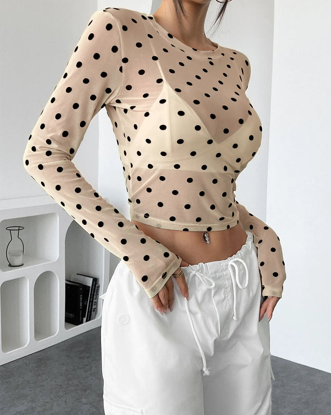 Polka Dot Mesh Long Sleeve Crop Top