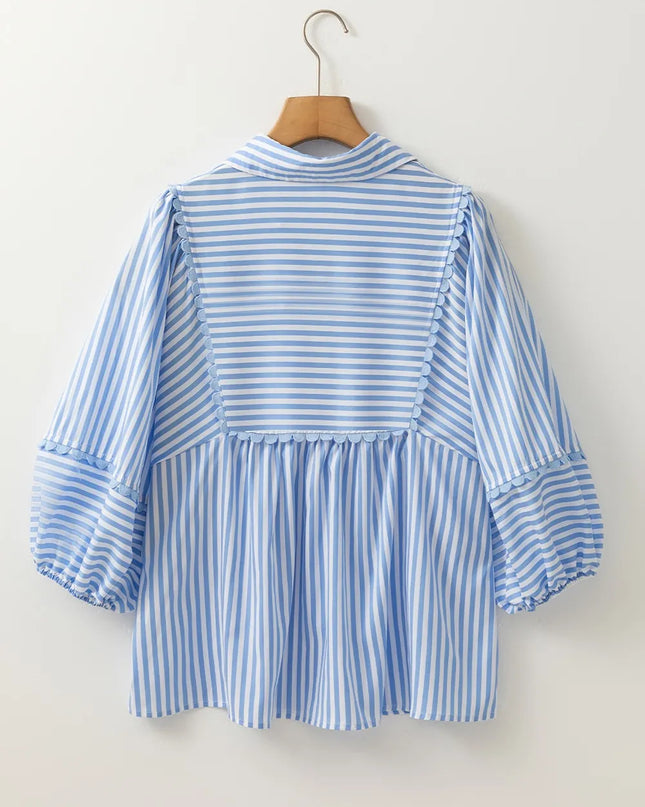 Striped Notched 3/4 Sleeve Blouse