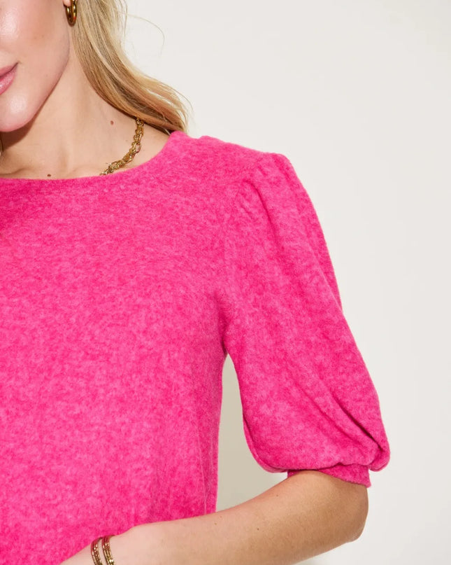 Zenana Round Neck Lantern Half Sleeve Sweater