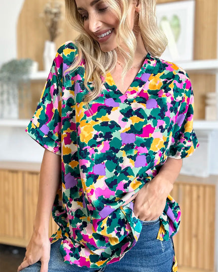 Double Take Full Size Printed V-Neck Short Sleeve Side Slit Top