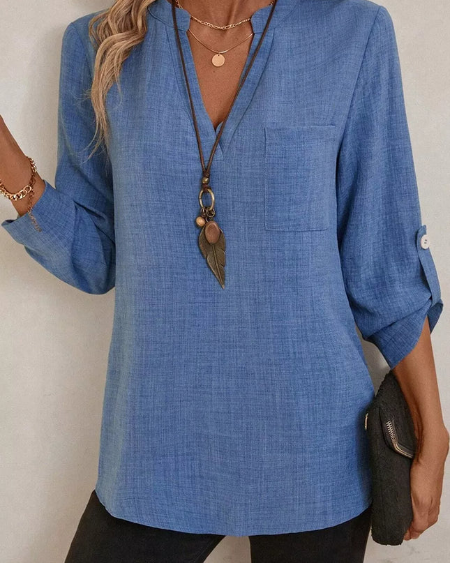Casual Roll-Up Sleeve Notched Blouse
