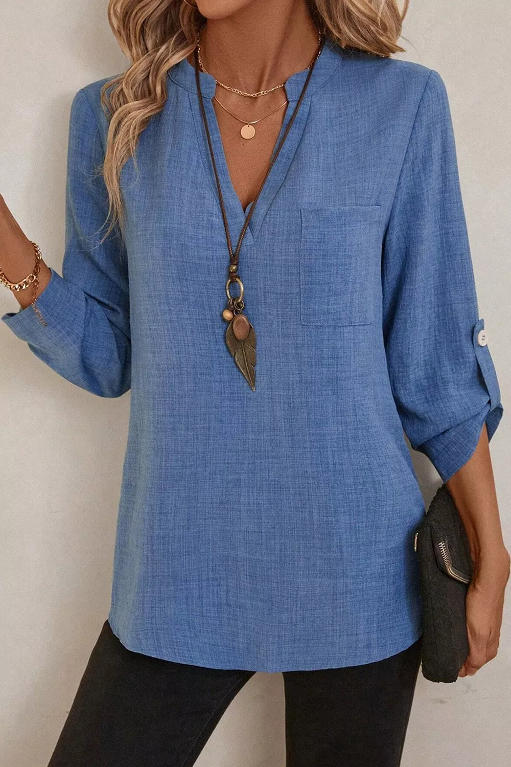Casual Roll-Up Sleeve Notched Blouse