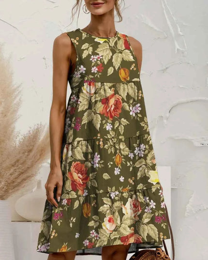 FAM-FAM Tiered Printed Round Neck Sleeveless Dress