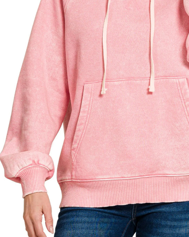 Zenana Acid Wash Fleece Hoodie with Kangaroo Pocket