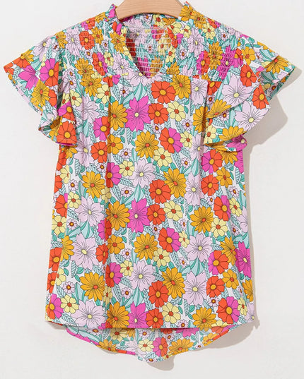 Floral Print Shirred Tiered Ruffled Sleeve Blouse