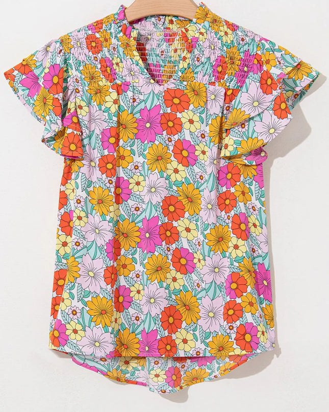 Floral Print Shirred Tiered Ruffled Sleeve Blouse