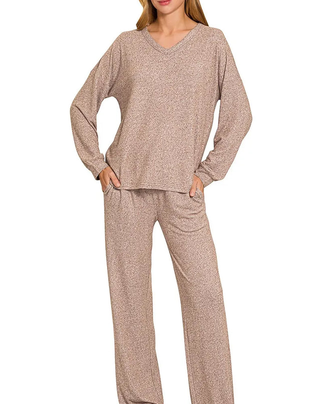 Zenana Soft Melange Long Sleeve Tee & Pants Set