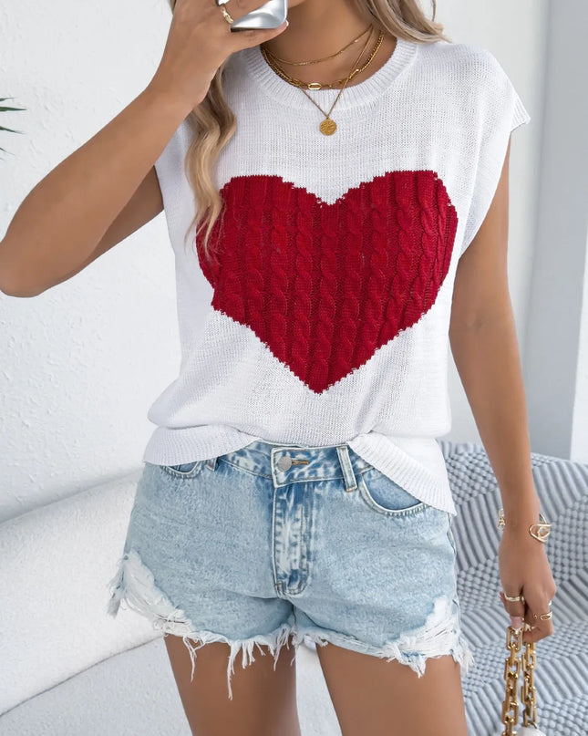 Cable Knit Heart Round Neck Cap Sleeve Knit Top