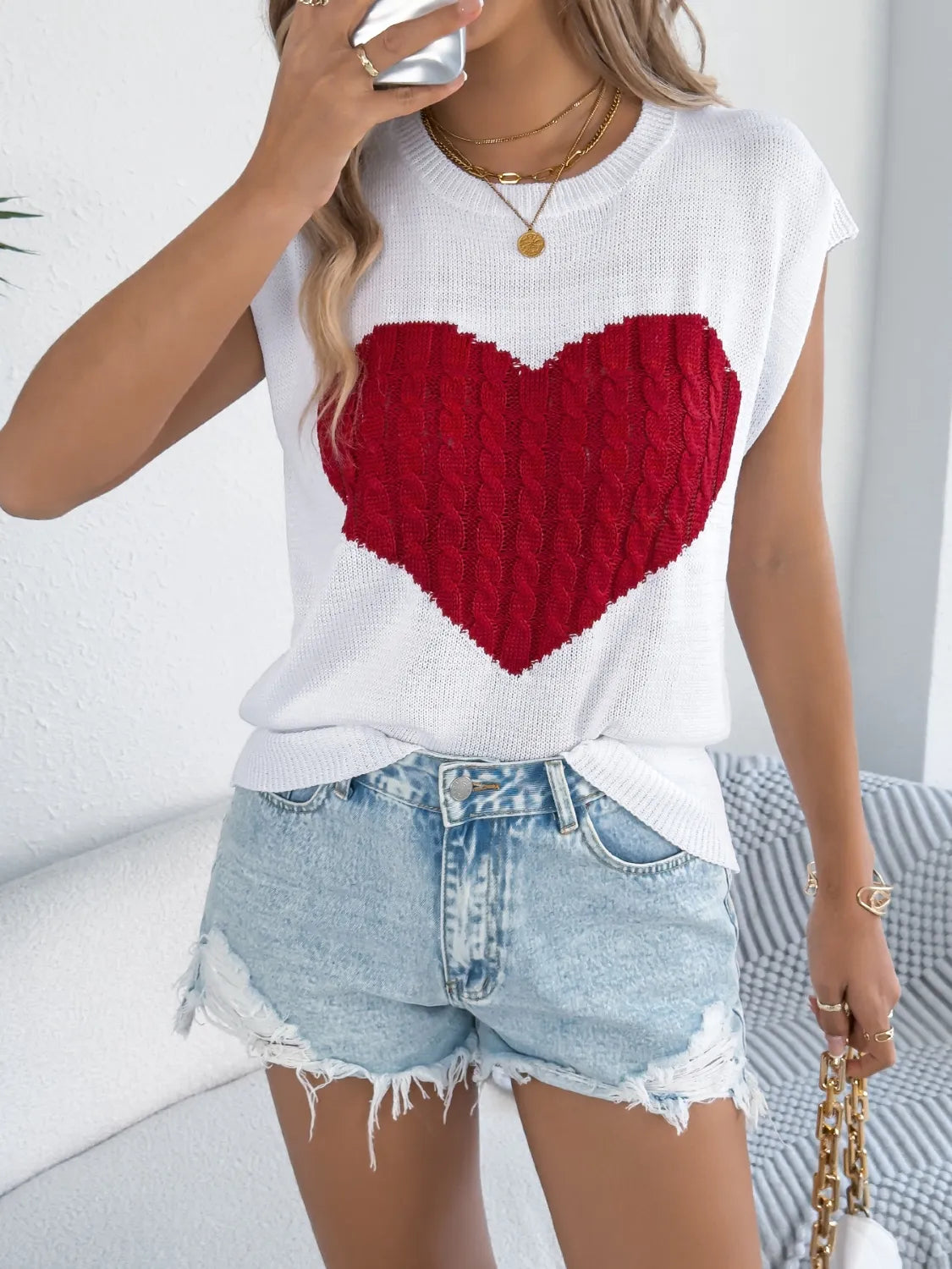 Cable Knit Heart Round Neck Cap Sleeve Knit Top
