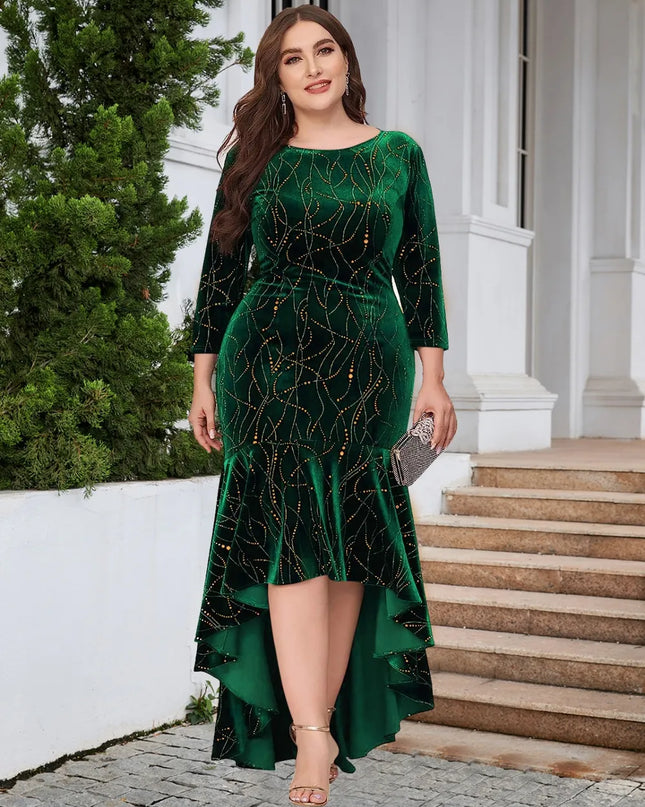 Plus Size Ruffle Hem High-Low Dress Dark Green