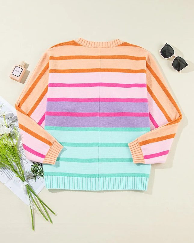 Contrast Striped Round Neck Long Sleeve Knit Top
