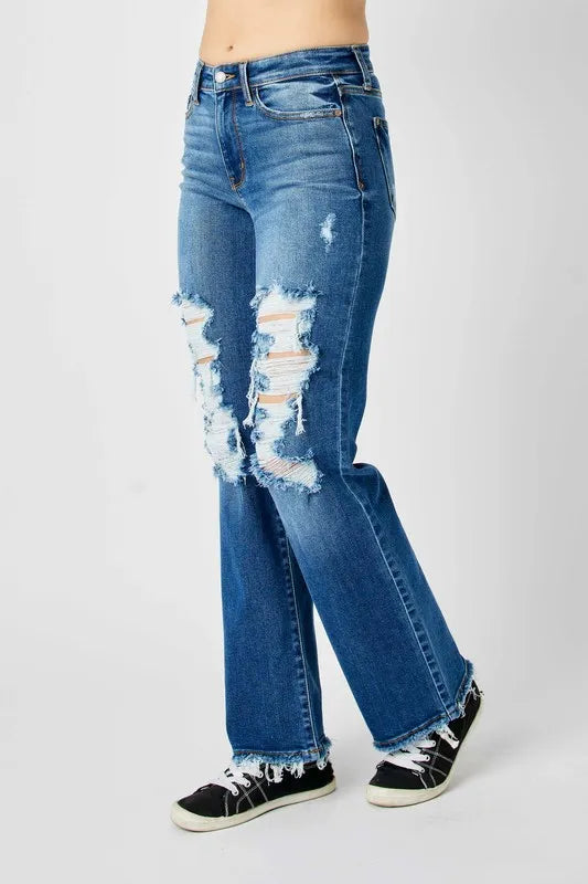 Judy Blue Full Size Mid Rise Distressed Raw Hem Jeans