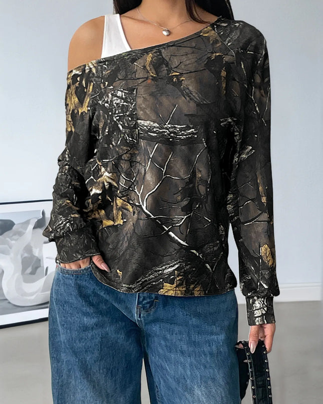 Asymmetrical Neck Printed Long Sleeve Top