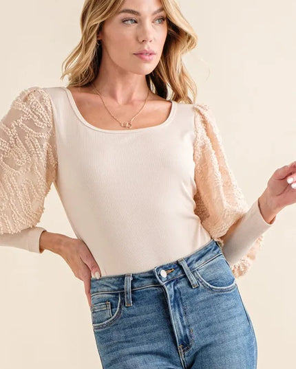 And The Why Textured Puff Sleeve Bodysuit Beige