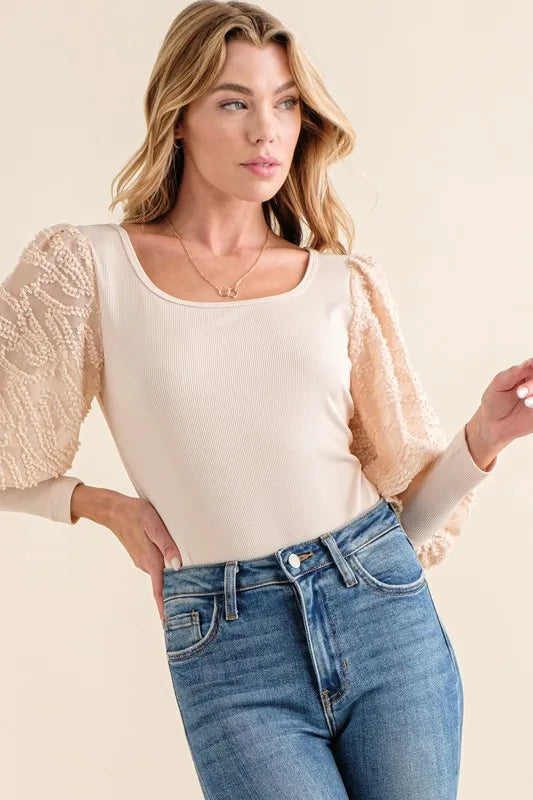 And The Why Textured Puff Sleeve Bodysuit Beige