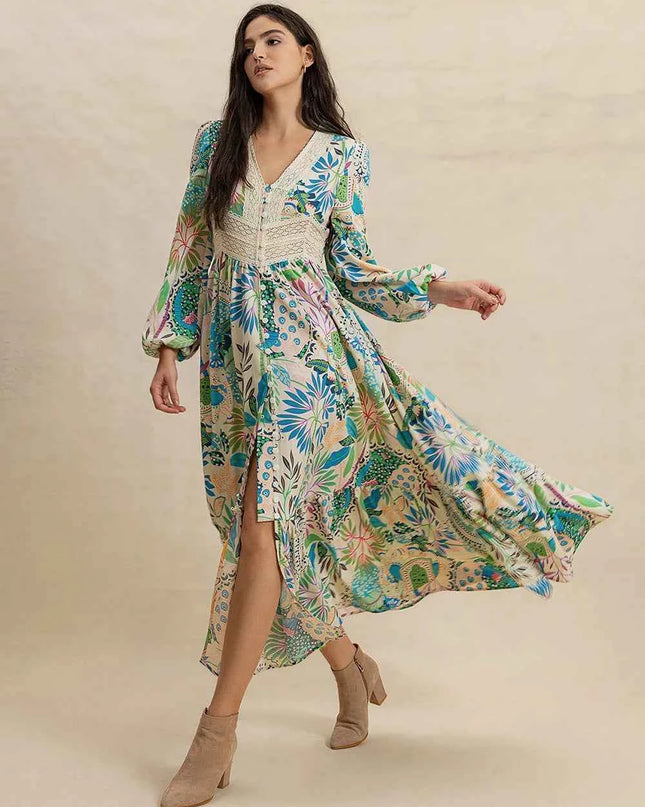 Slit Printed V-Neck Long Sleeve Midi Dress