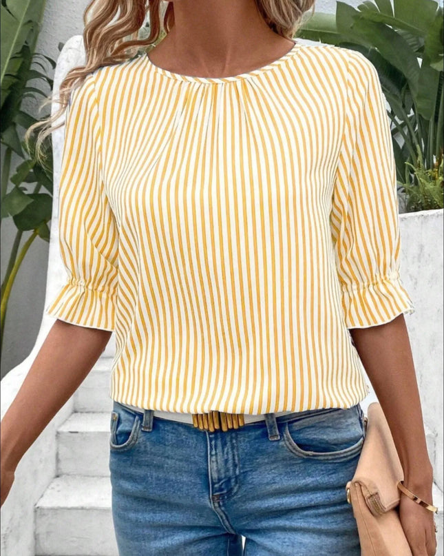 Striped Round Neck Half Sleeve Casual Blouse Yellow