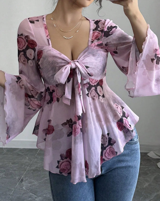 Floral Tie Front Flare Sleeve Blouse Lilac