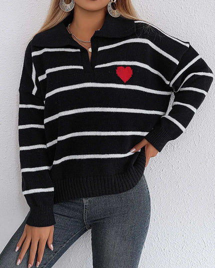 Striped Johnny Collar Long Sleeve Sweater Black One Size